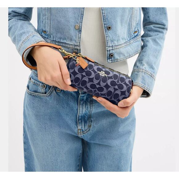 Coach Wristlet Nolita Barrel Bag Signature Denim Gold Blue Natural NWT CZ459 - Picture 8 of 11
